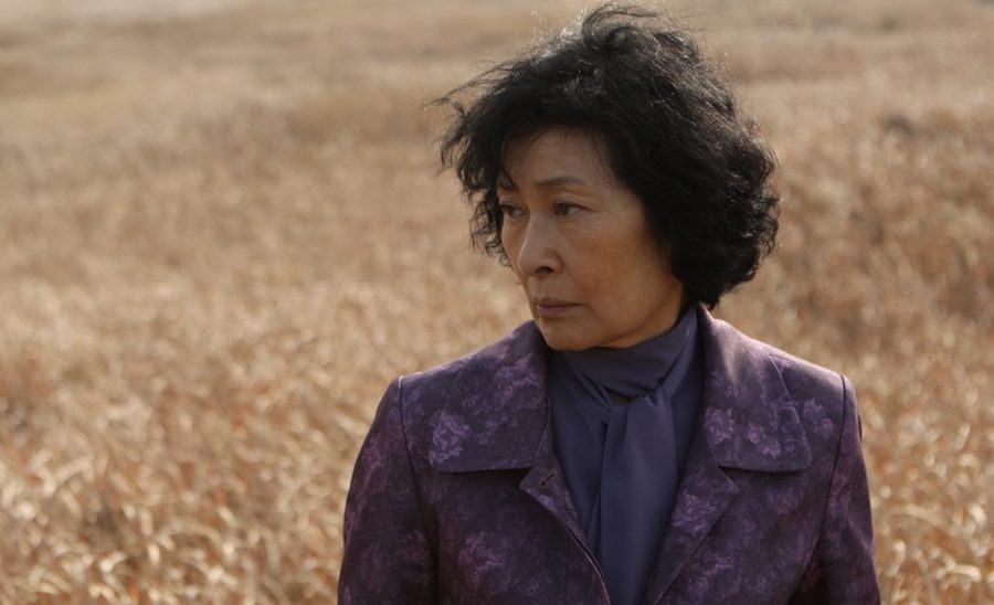 Hye Ja-Kim veste violette champ de maïs dans Mother de Bong Joon-Ho.